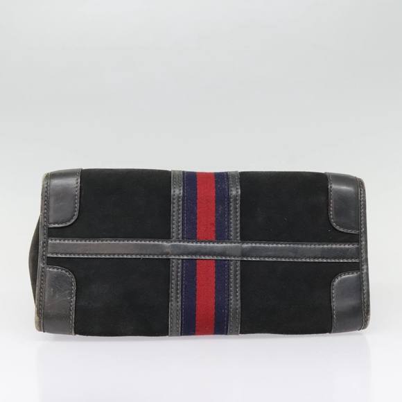 GUCCI Sherry Line Hand Bag Suede Leather Navy Red gold Auth yk14885 - Picture 5 of 16